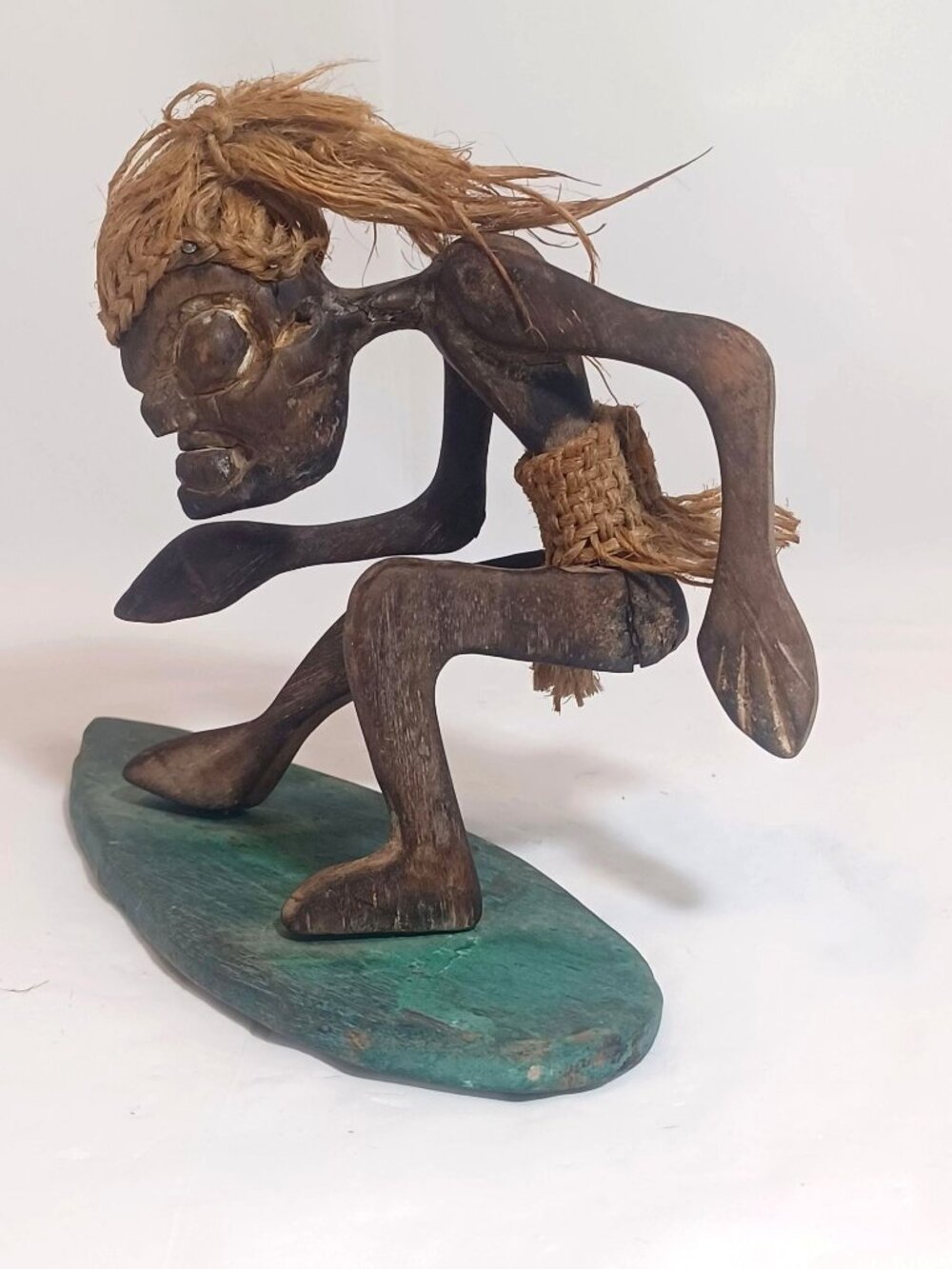 Wooden Tiki Hand Carved Figurine Surfer Surfboard Primitive Tribal Statue Bar
